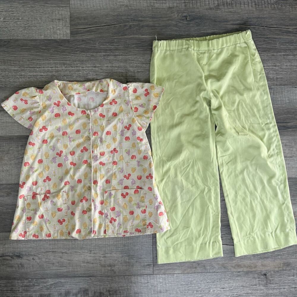 Vtg Handmade Fruit Print Pajama Lounge Set Pants Cropped Sleepwear Womens Small